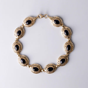 14K Yellow Gold Onyx Greek Pattern Bezel Set Chain Link Bracelet