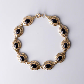 14K Yellow Gold Onyx Greek Pattern Bezel Set Chain Link Bracelet
