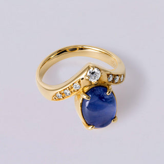 Vintage Star Sapphire and Diamond Tiara Ring  4.21ct 18K Yellow Gold