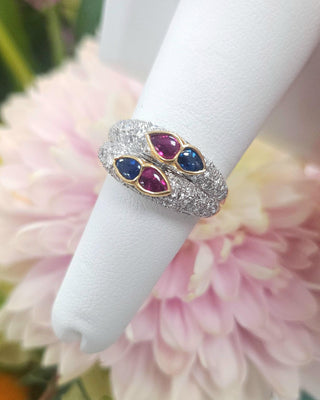 Ruby and Sapphire Pear shape Cabochon and Double Row Pave Diamond Ring Band, 18K