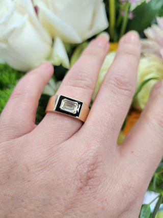 0.70 Carat Emerald Cut Diamond Black Enamel Bezel Set 14K Yellow Gold Cigar Ring