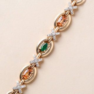 Vintage 14K Gold Emerald, Imperial Topaz & Diamond X Link Bracelet