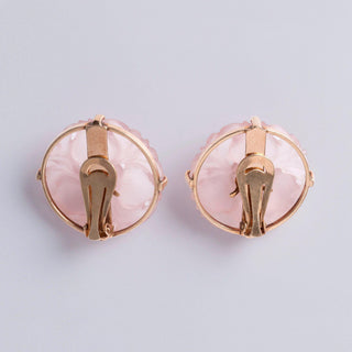 Vintage Floral Carved Rose Quartz & Citrine Clip-On Earrings in 14K Yellow Gold