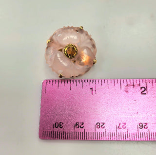 Vintage Floral Carved Rose Quartz & Citrine Clip-On Earrings in 14K Yellow Gold