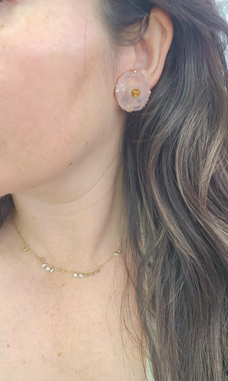 Vintage Floral Carved Rose Quartz & Citrine Clip-On Earrings in 14K Yellow Gold