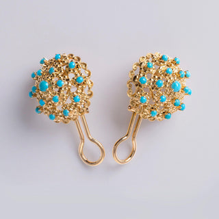 Vintage Italian Turquoise Dome French Lever Back 18K Yellow Gold Earrings