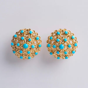 Vintage Italian Turquoise Dome French Lever Back 18K Yellow Gold Earrings