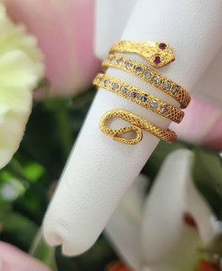Diamond and Ruby Eyes Serpent Wrap Around Ring 21K Yellow Gold