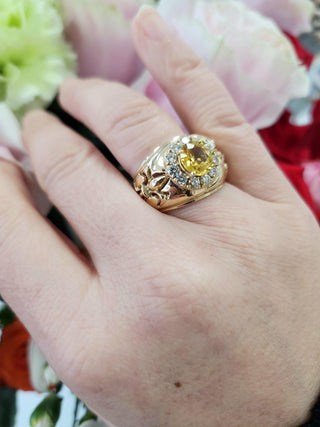 Fleur de Lis 2 Carat Yellow Sapphire Diamond Halo Statement Ring 14K Yellow Gold