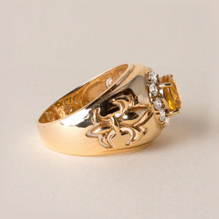 Fleur de Lis 2 Carat Yellow Sapphire Diamond Halo Statement Ring 14K Yellow Gold
