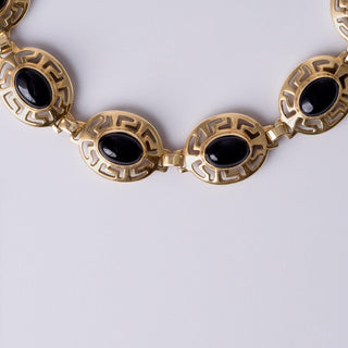 14K Yellow Gold Onyx Greek Pattern Bezel Set Chain Link Bracelet