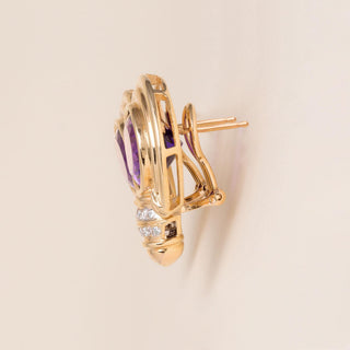 1990s 0.25 Carat Large Amethyst and Diamond French Lever Back Earrings 14K Gold
