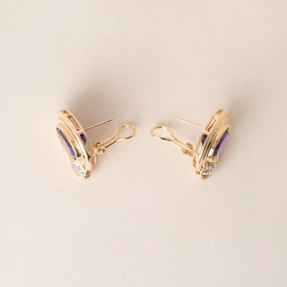 1990s 0.25 Carat Large Amethyst and Diamond French Lever Back Earrings 14K Gold