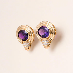 1990s 0.25 Carat Large Amethyst and Diamond French Lever Back Earrings 14K Gold
