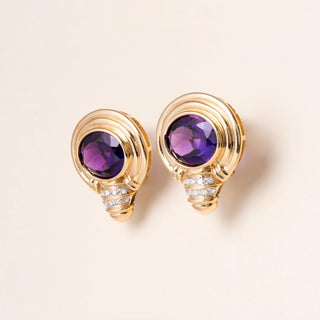 1990s 0.25 Carat Large Amethyst and Diamond French Lever Back Earrings 14K Gold