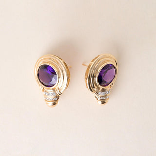1990s 0.25 Carat Large Amethyst and Diamond French Lever Back Earrings 14K Gold