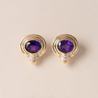 1990s 0.25 Carat Large Amethyst and Diamond French Lever Back Earrings 14K Gold