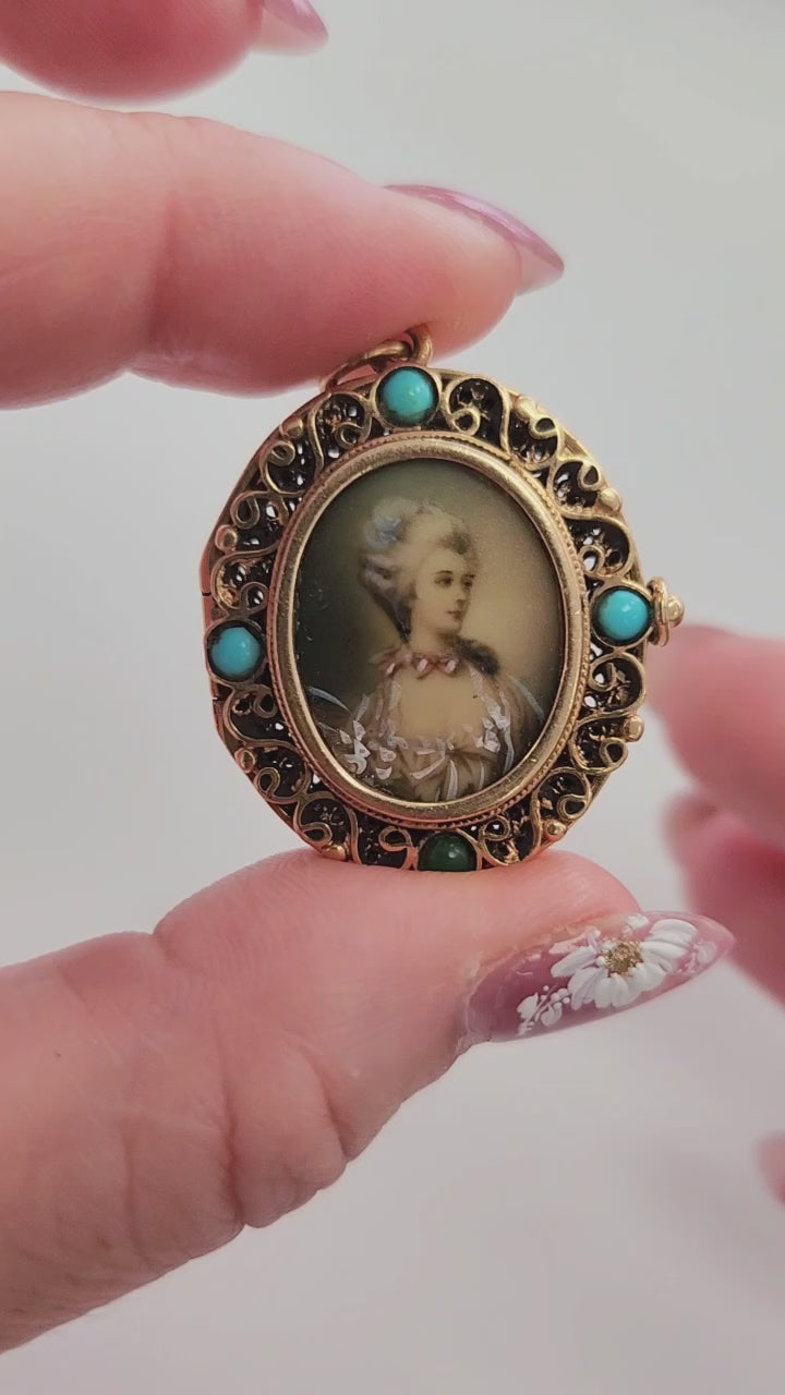 Vintage 14K Gold Lady Portrait Turquoise Locket Pendant