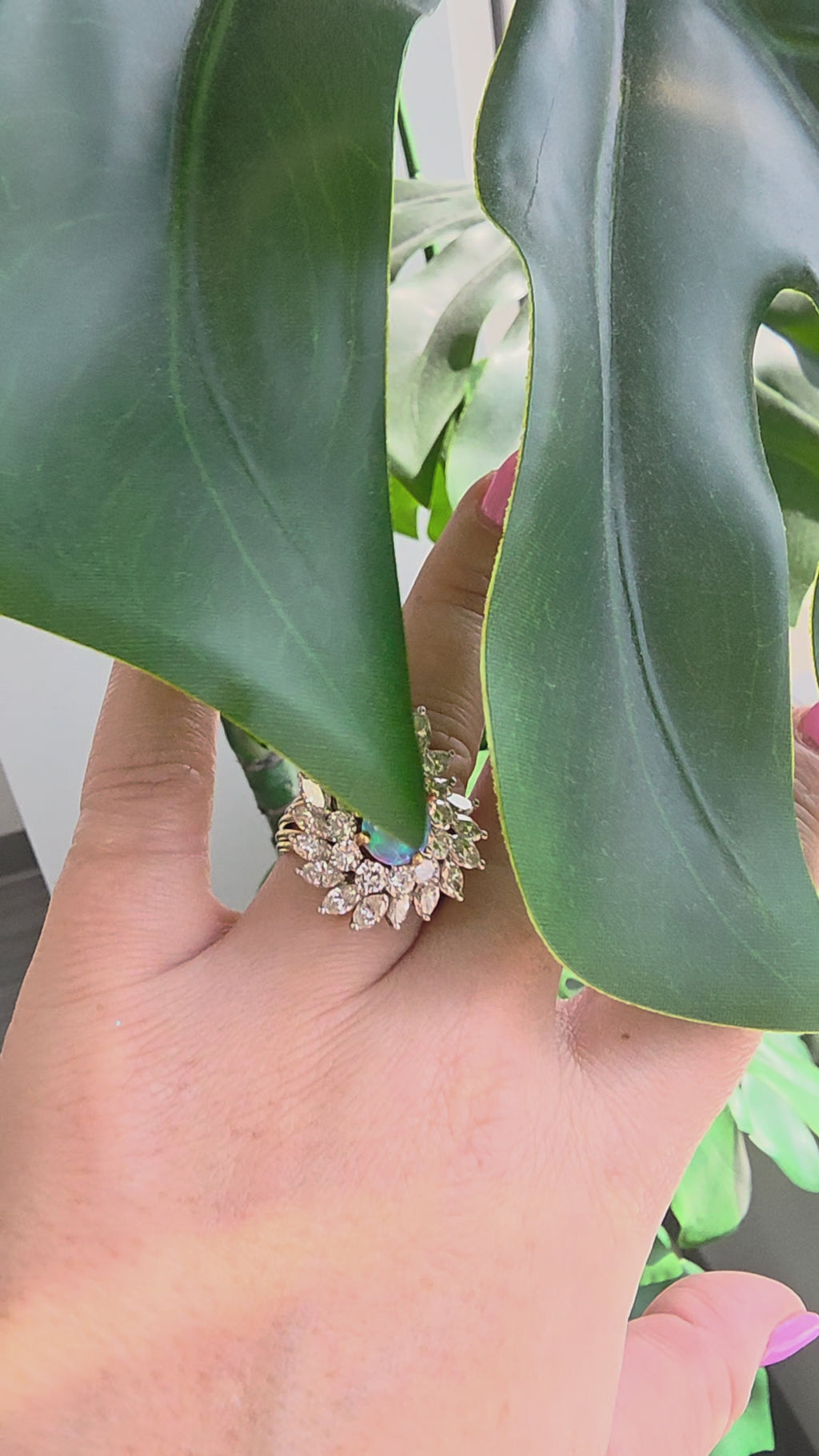 Vintage 18K Gold Platinum 5 Carats Australian Opal and Diamond Ballerina Ring