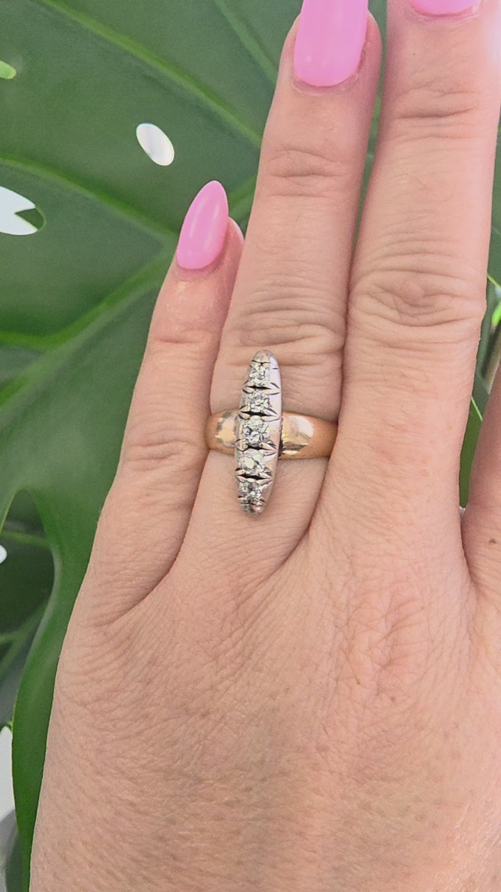 Antique Edwardian Old Mine Cut Diamond Navette Ring 14K Rose Gold Silver Top