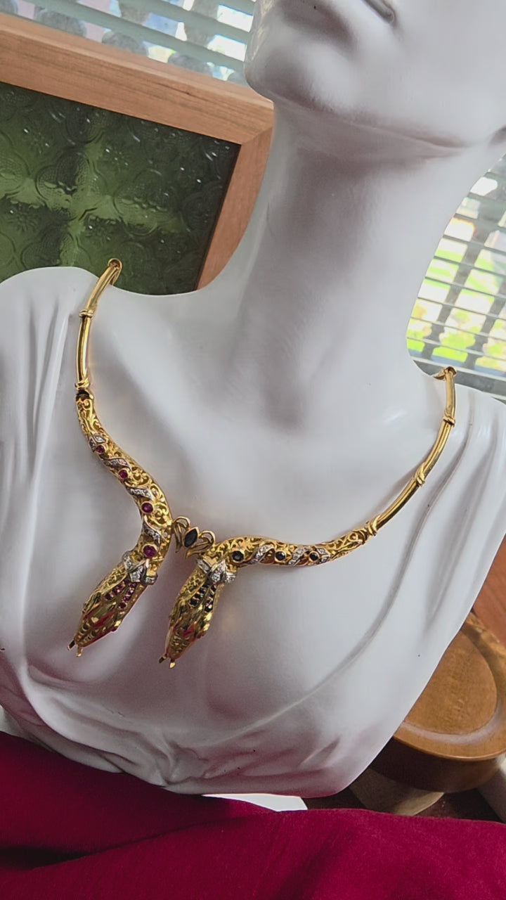 Vintage 18K Gold Twin Serpent Heads Ruby Sapphire and Diamond Necklace Collar