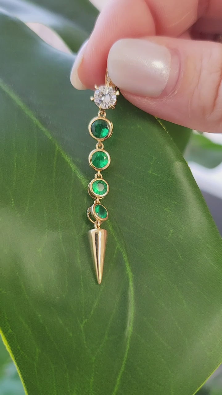 Estate Colombian Emerald and Diamond Spike Drop Pendant Necklace 18K Gold