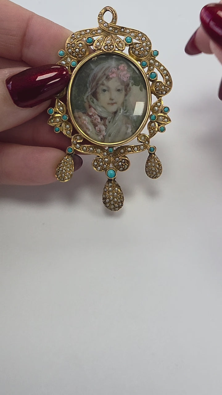 Vintage 14K Gold Turquoise and Seed Pearl Lady Portrait Brooch Pendant