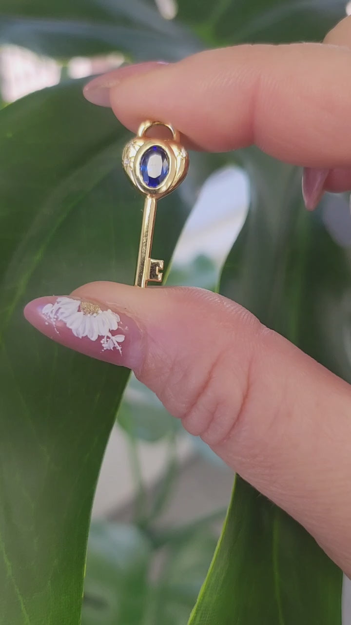 18K Gold Love Key Sapphire Oval and Diamond Pendant
