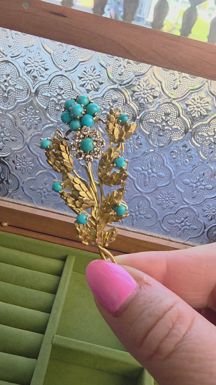 Vintage 18K Gold Italian Turquoise and Diamond Floral Bouquet Brooch