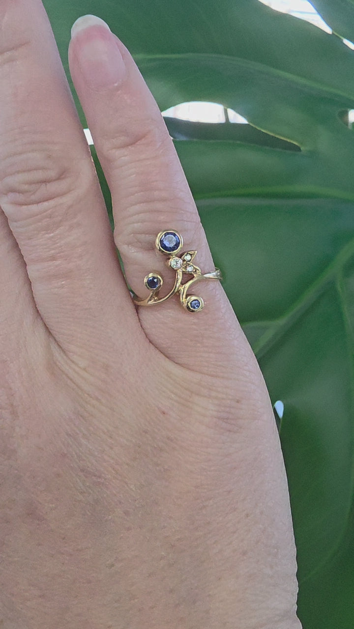 Antique 14K gold Sapphire and Diamond Bezel Set Austrian Flower Ring