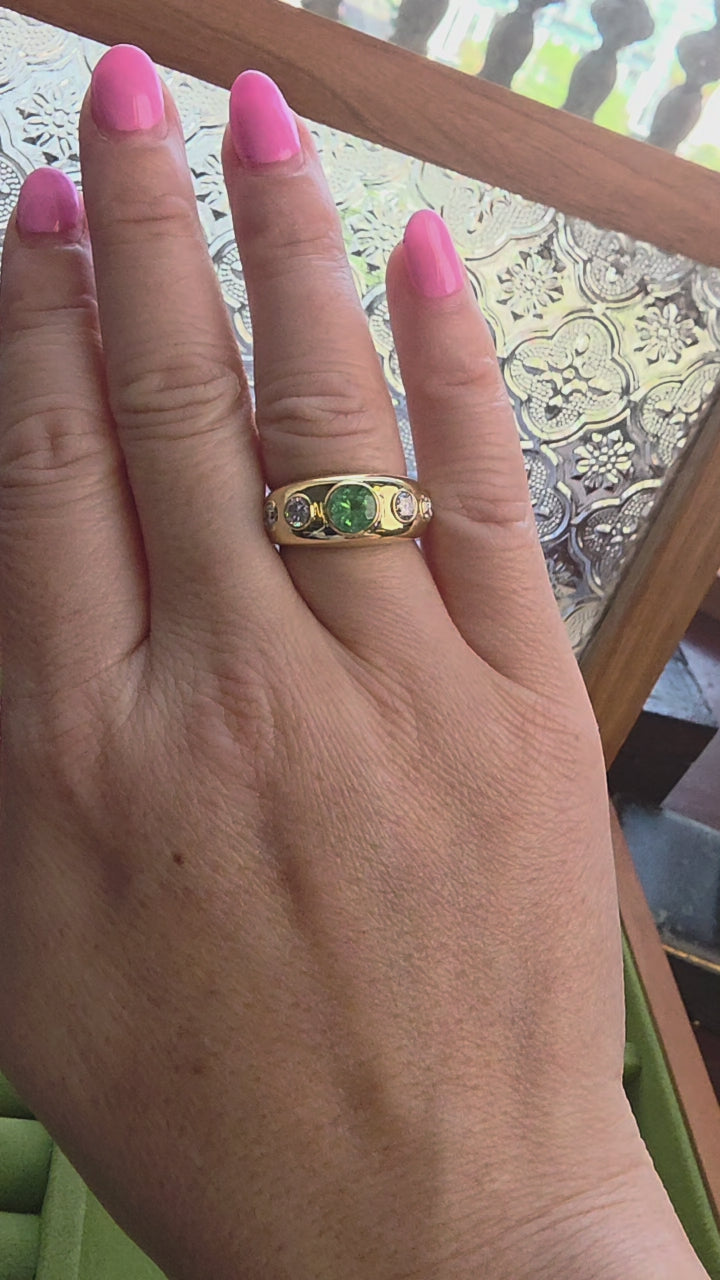 18K Yellow Gold 1 Carat Paraiba 0.63 Carat Diamond 5 Stone Bezel Dome Ring