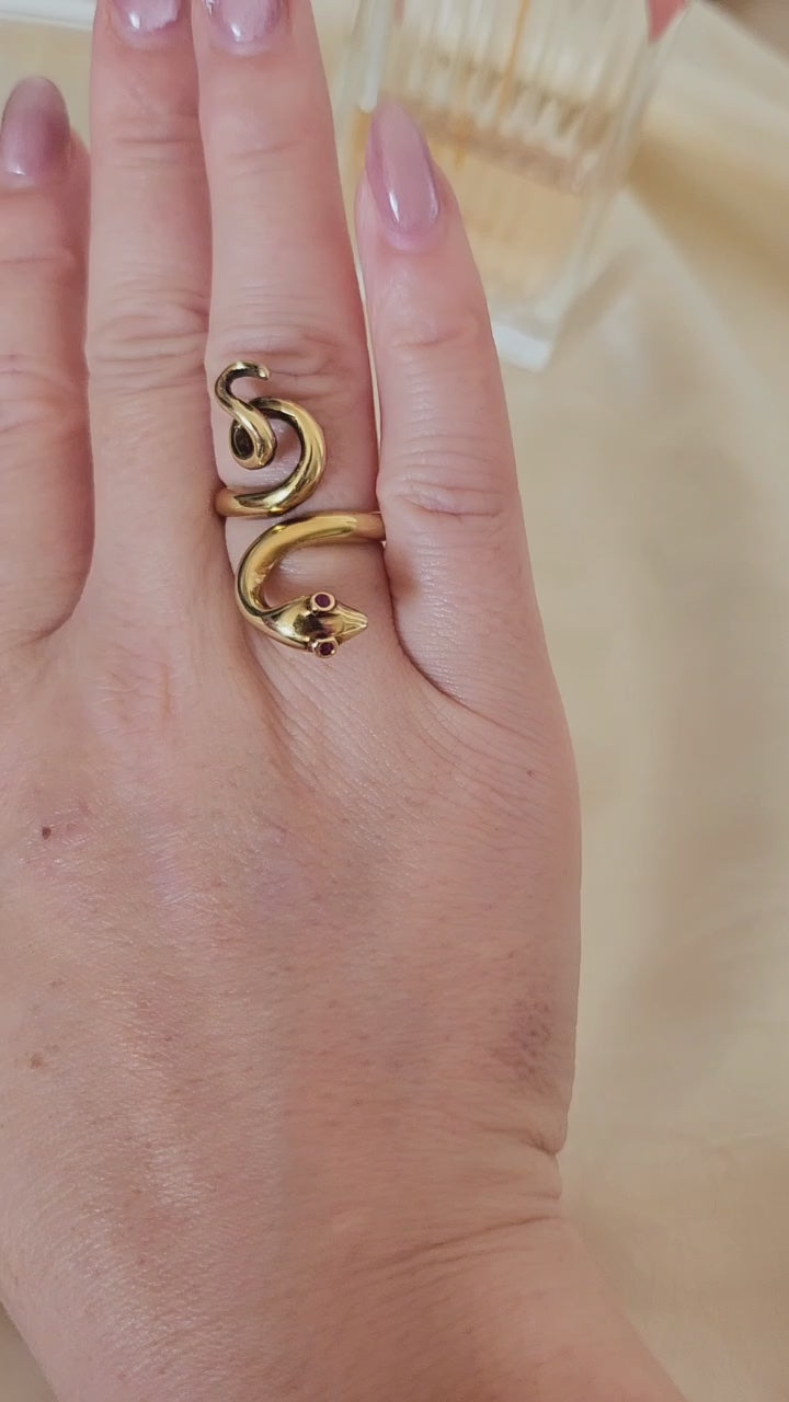 Vintage 18K Gold Coiled Serpent with Ruby Eyes Ring