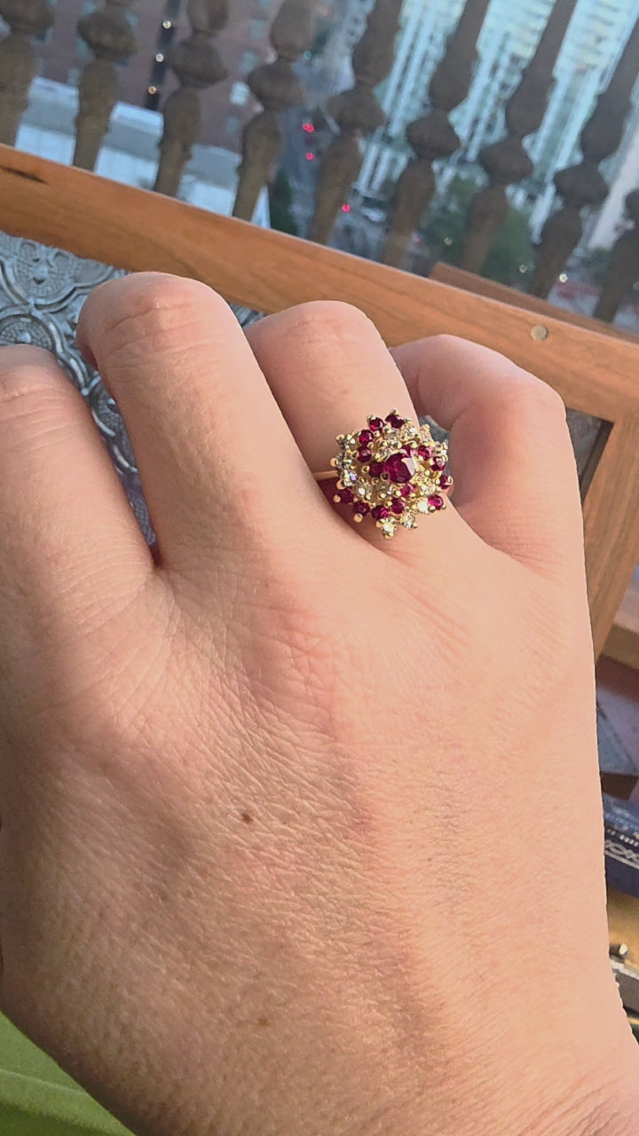 Vintage 14K Gold 0.60 Carats Ruby and 0.22 Carats Diamond Swirl Cocktail Ring