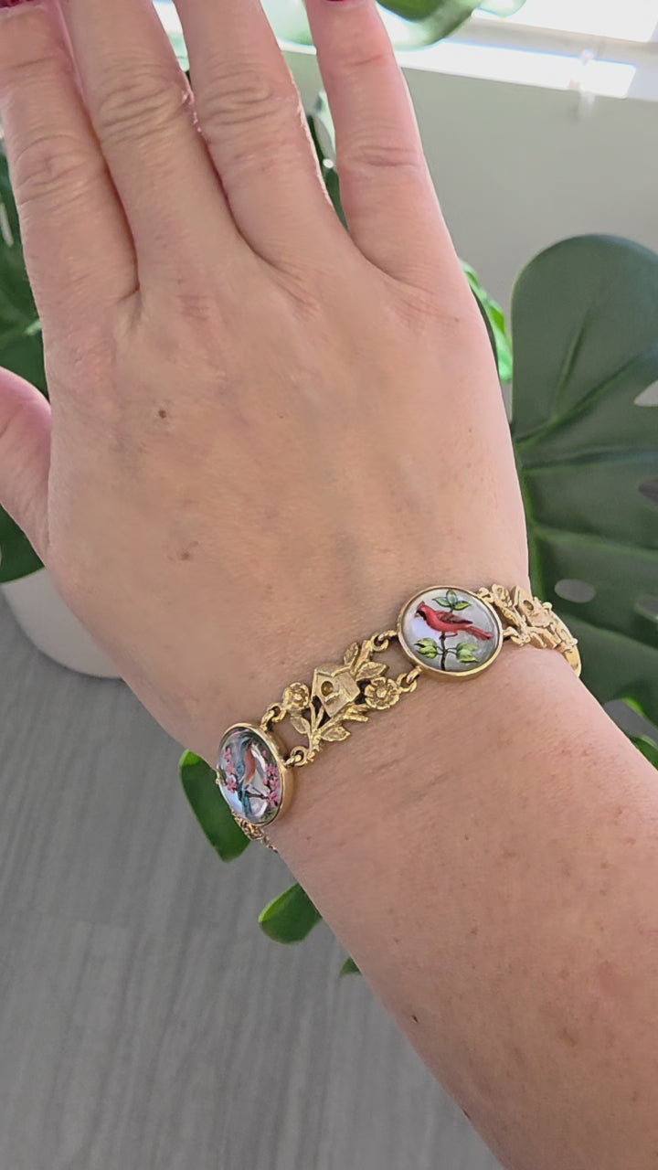 Vintage 14K Gold Painted Birds Crystal Framed Bracelet