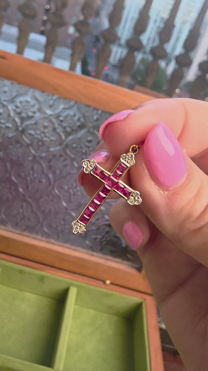 Vintage Ruby and Diamond Cross Pendant 14K Two Tone Gold