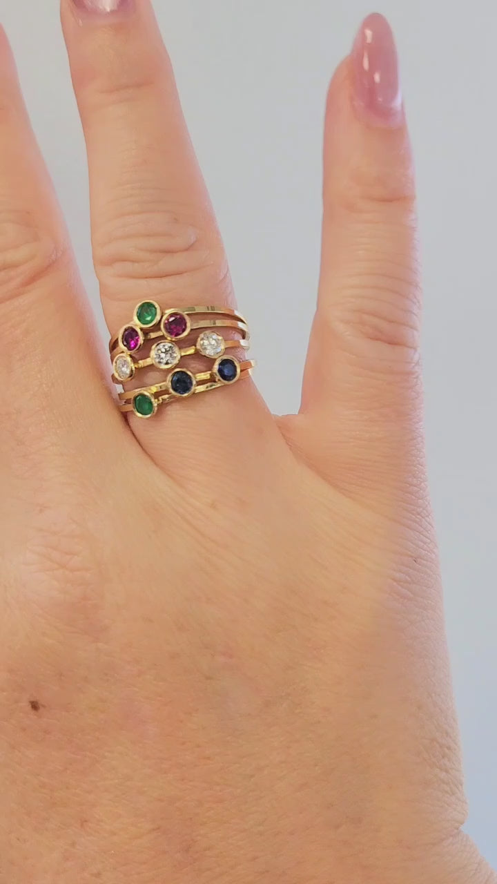 Vintage 14K Gold Emerald, Ruby and Diamond Bezel Set Ring Bands