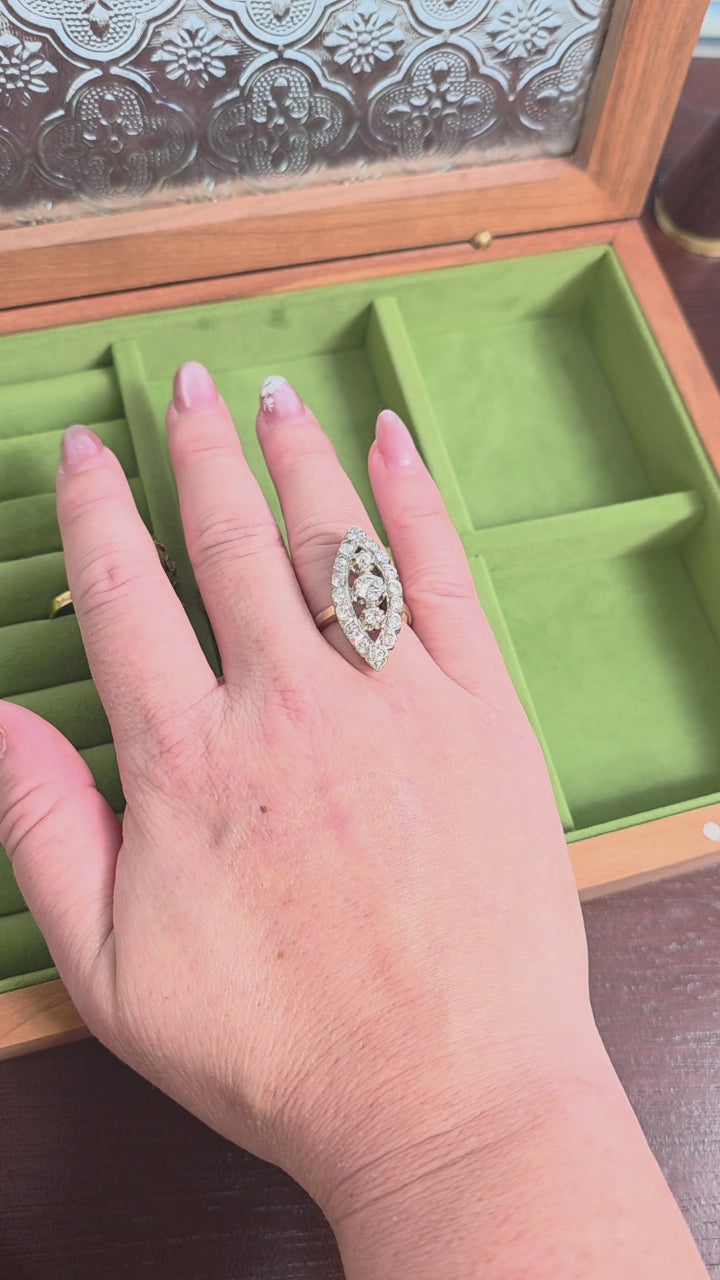 Vintage 14K Gold 1.50 Carats Diamond Navette Ring