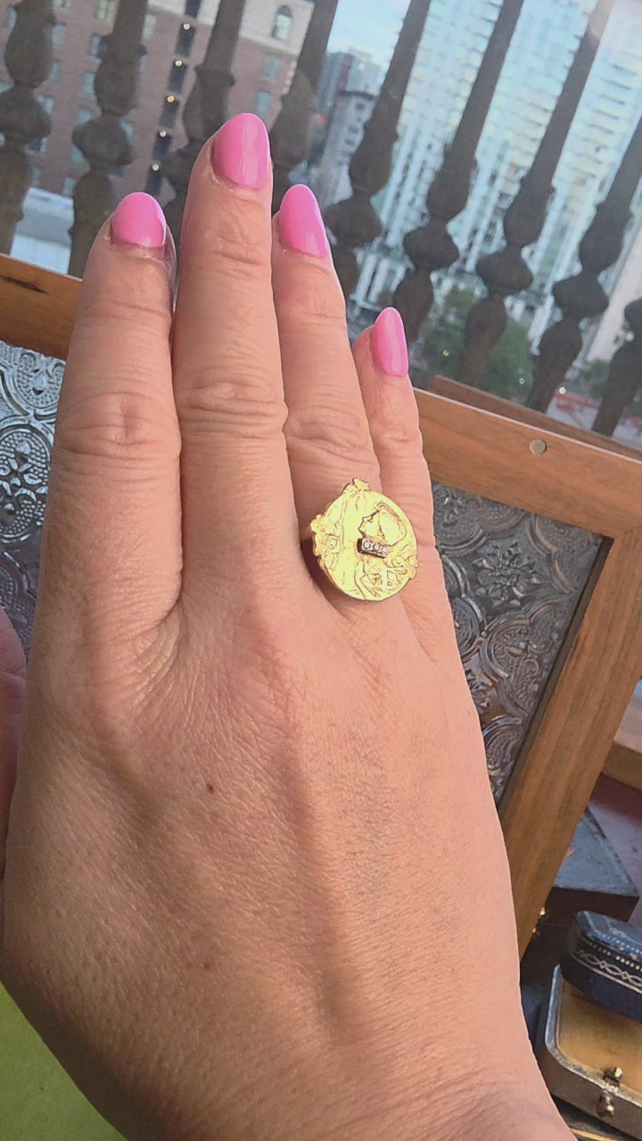 Vintage 14K Gold Art Nouveaux Maiden Portrait Diamond Ring