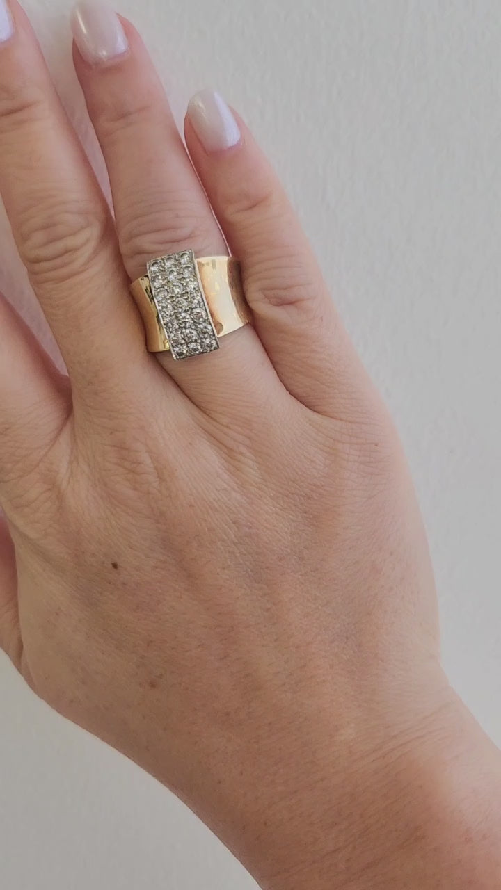 Vintage Diamond Pave Wide Band Modernist Ring 14K Two Tone Gold