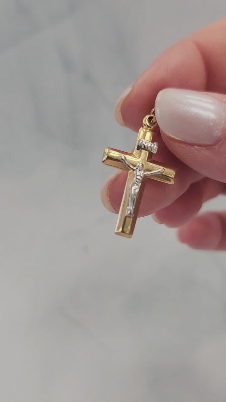 Vintage 14K Two Tone Gold Jesus on Cross Pendant Charm