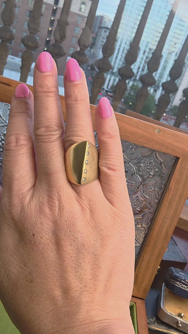 14K Italian Gold Asymmetrical Cigar Style Wide Diamond Ring Band