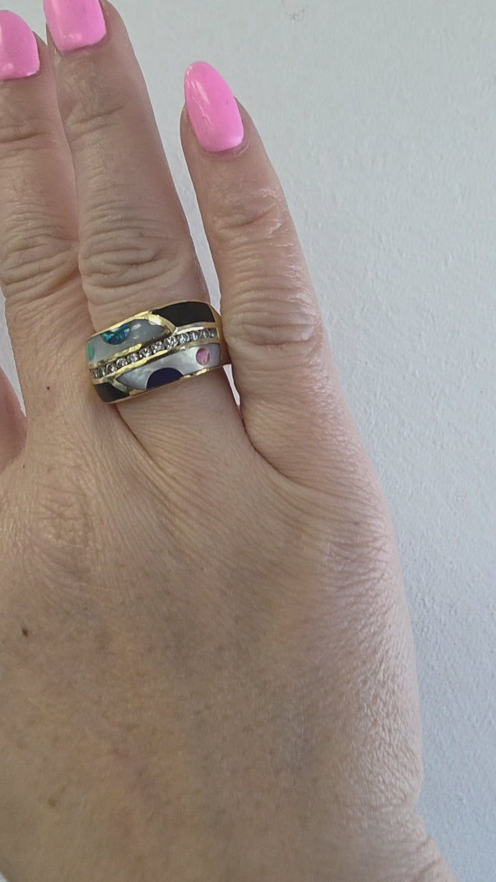Estate 14K Gold Asch Grossbardt Diamond, mother of Pearl and Enamel Ring Band