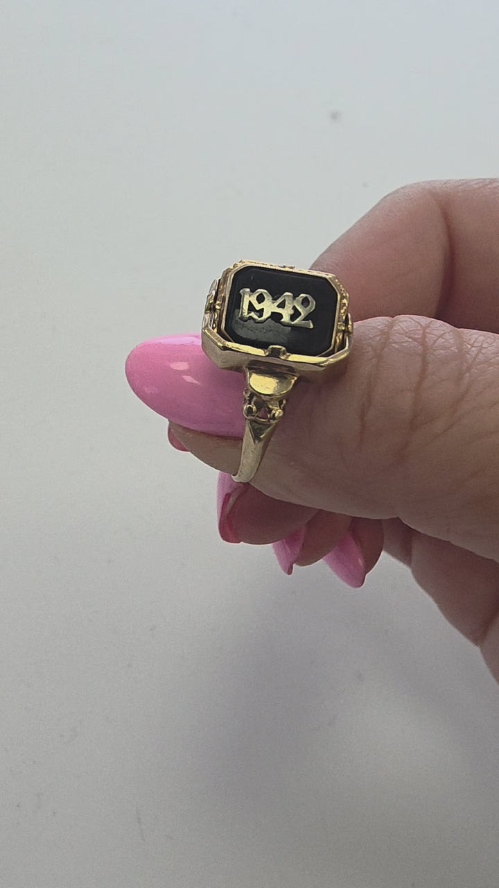 Vintage Retro 1942 10K Gold Reversable Onyx and Cameo Flip Ring