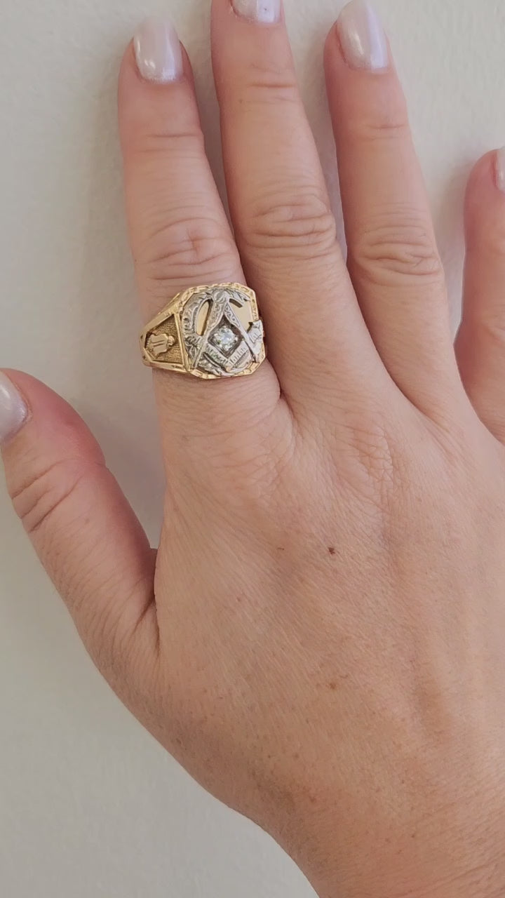 Retro 14K Rose Gold Masonic Old Mine Cut Diamond Signet Ring