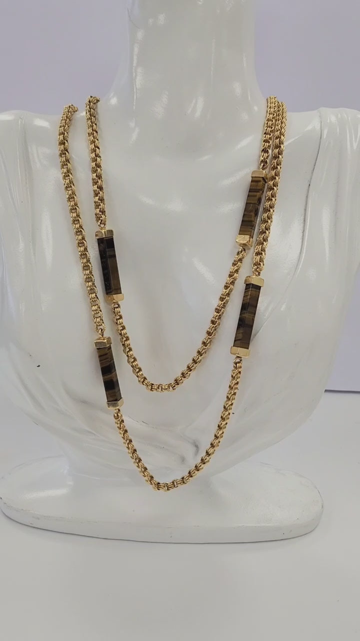 Vintage 1970s Tiger's Eye Gemstone Long  Station Chain Necklace 14K Yellow Gold
