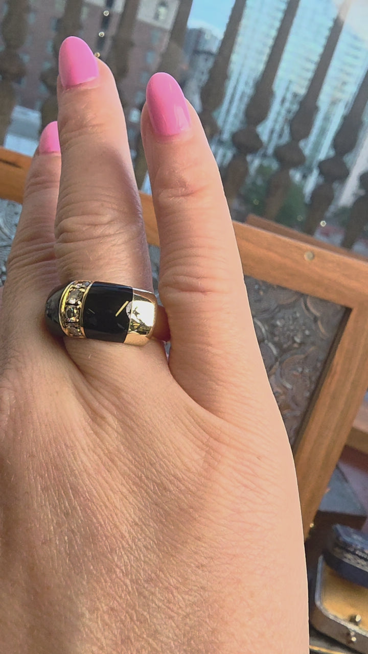 Vintage Black Enamel and Diamond Dome Ring Band 14K Yellow Gold