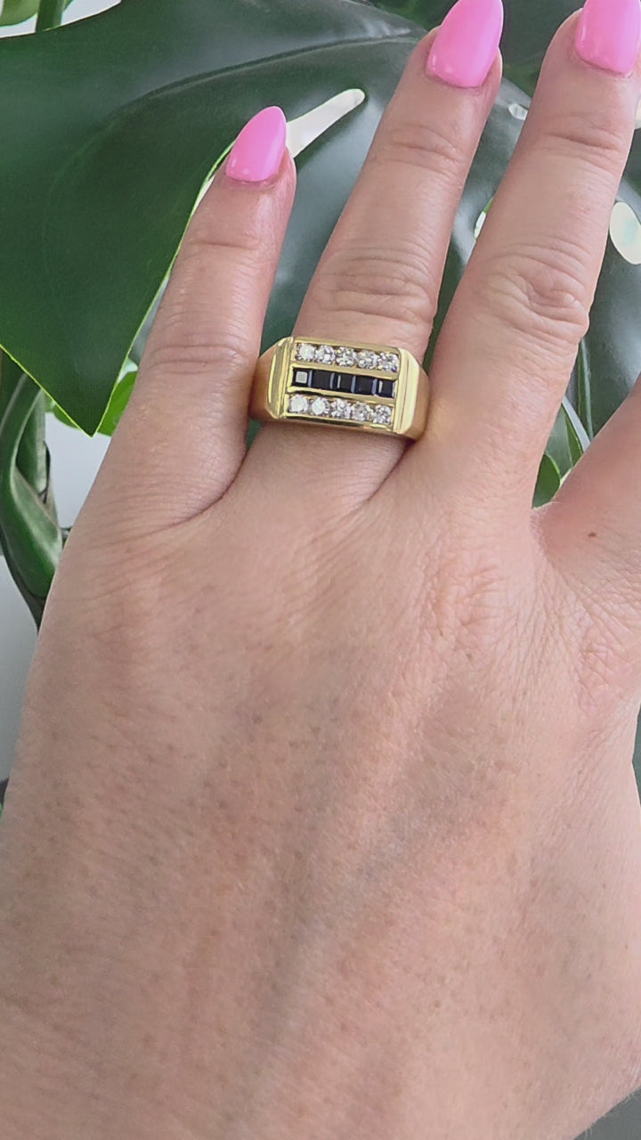 Vintage 18k Gold 3 Row Signet Style Blue Sapphire and Diamond Channel Set Ring