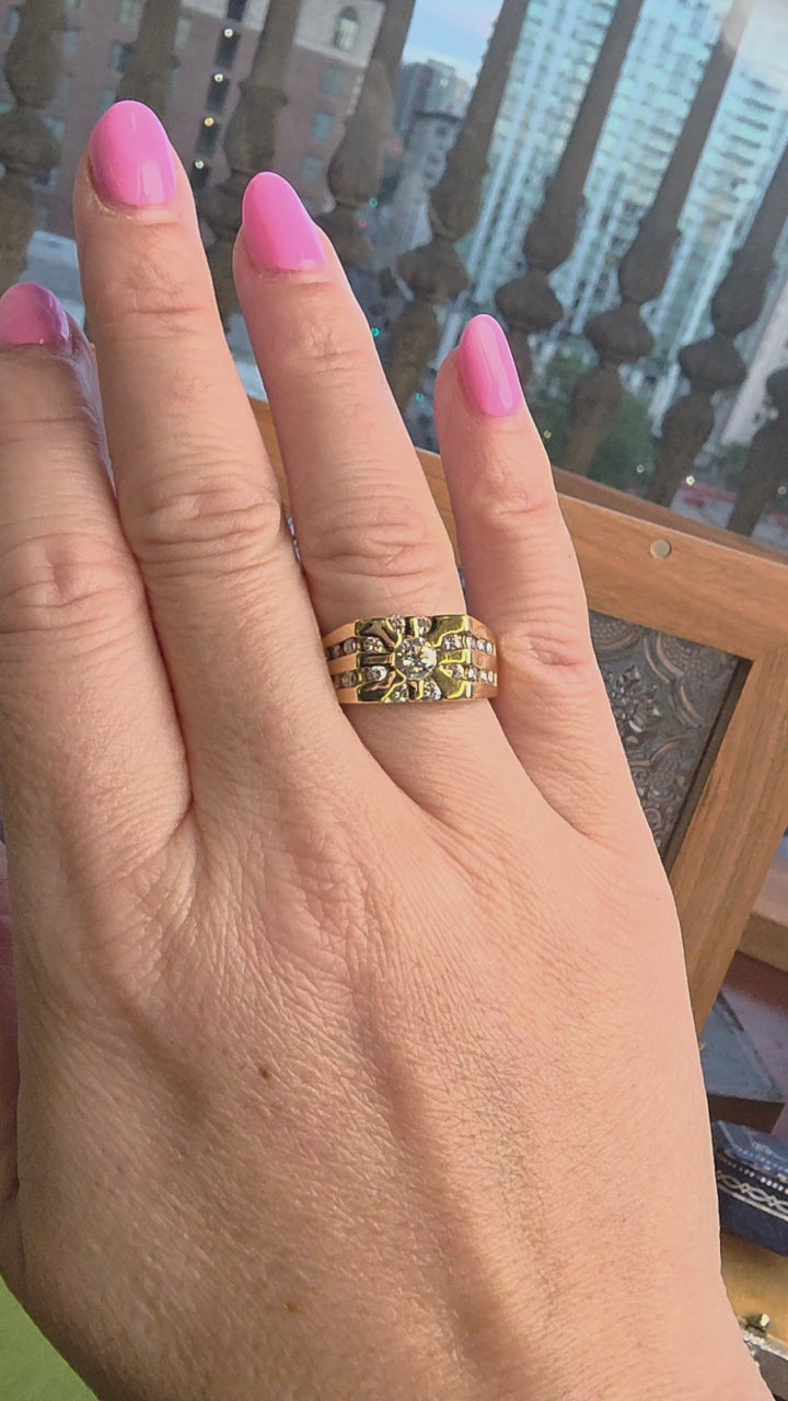 Vintage 14K Gold 2 Carats Diamond Starburst Cluster Channel Set Ring