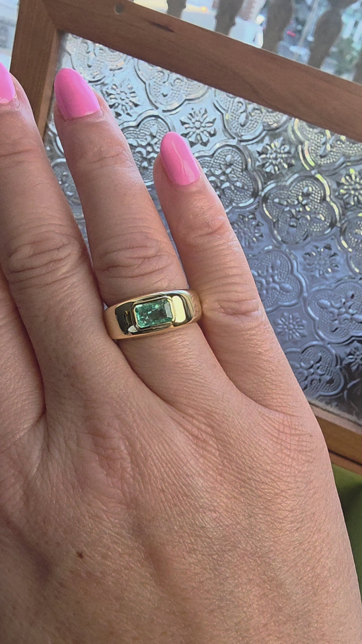 18K Yellow Gold 0.81 carat Paraiba Tourmaline Emerald Cut Bezel Dome Ring
