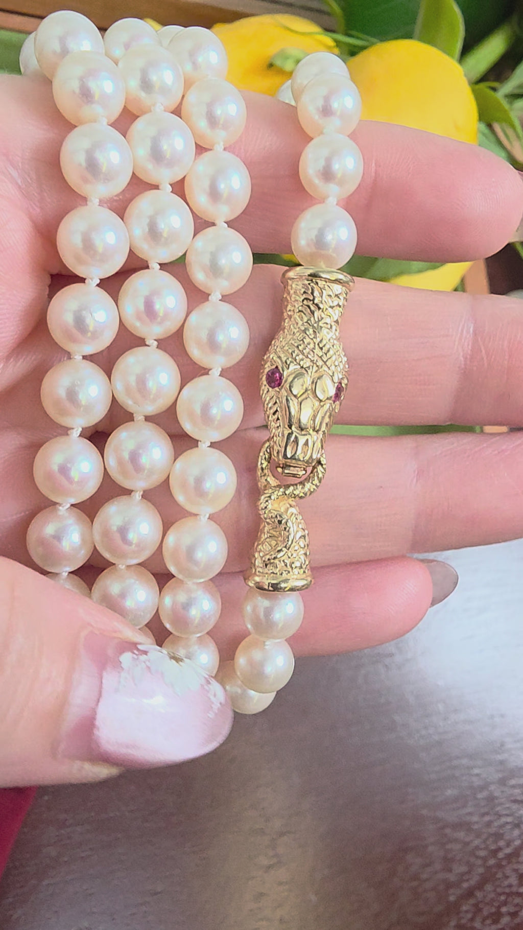 Vintage 14K Gold Cream Pearl Strand with Ruby Serpent Clasp